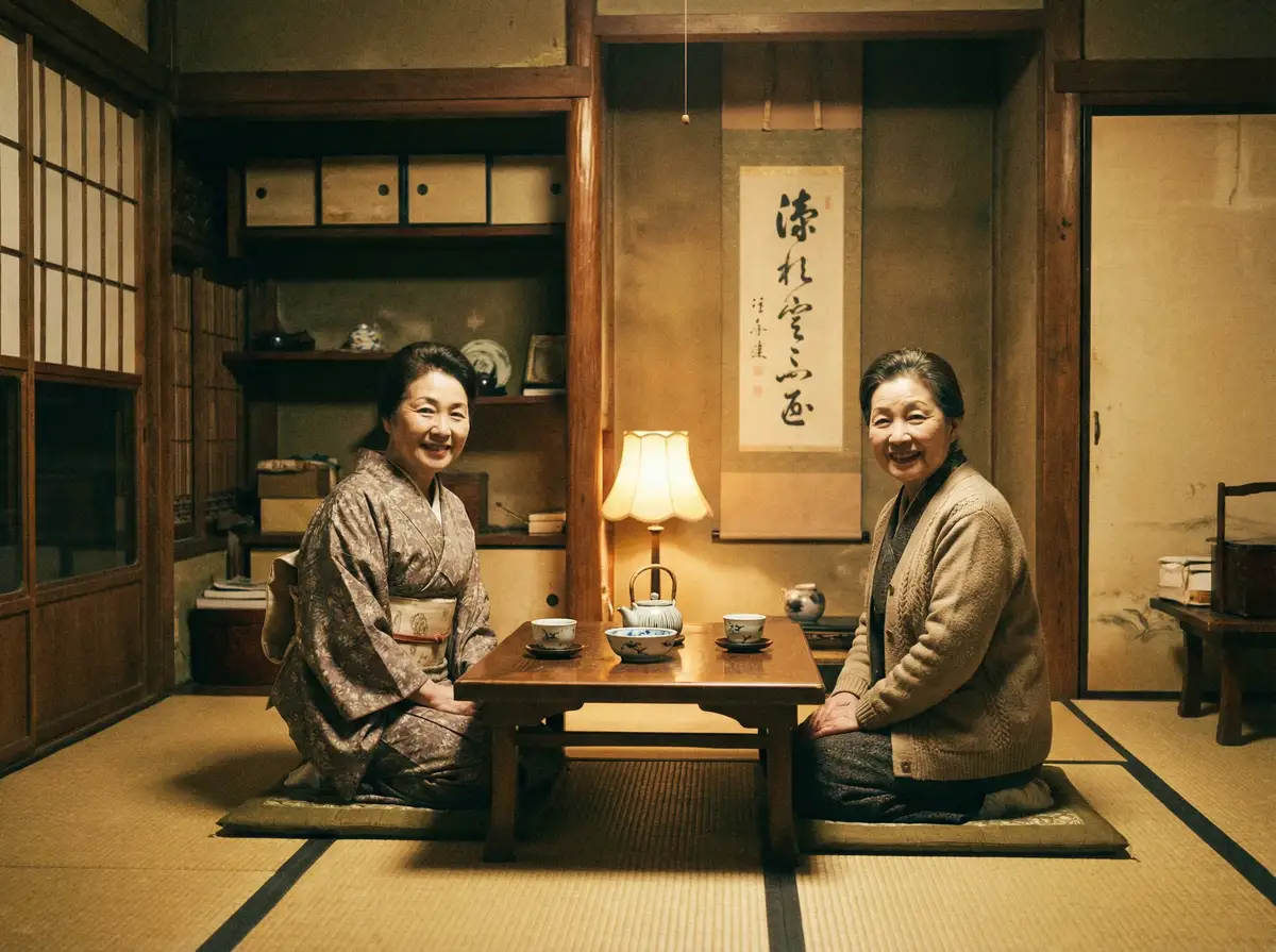 两位优雅的 迷失第一季 在日式茶室中品茶交谈
